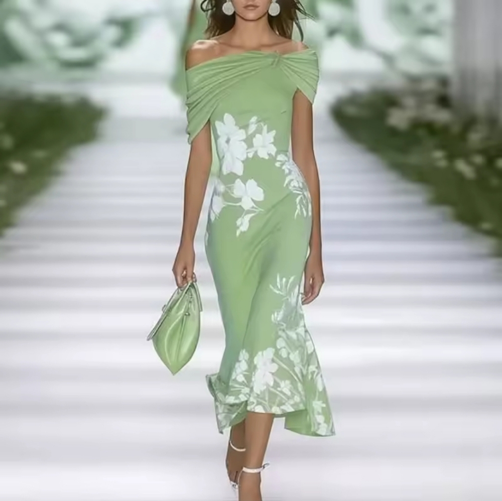 Sexy Off Shoulder Kink Draped Party Dress Woman Spring Floral Print Slim Lo - Picture 4 of 4